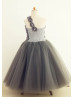 One Shoulder Gray Rosette Tulle Flower Girl Dress